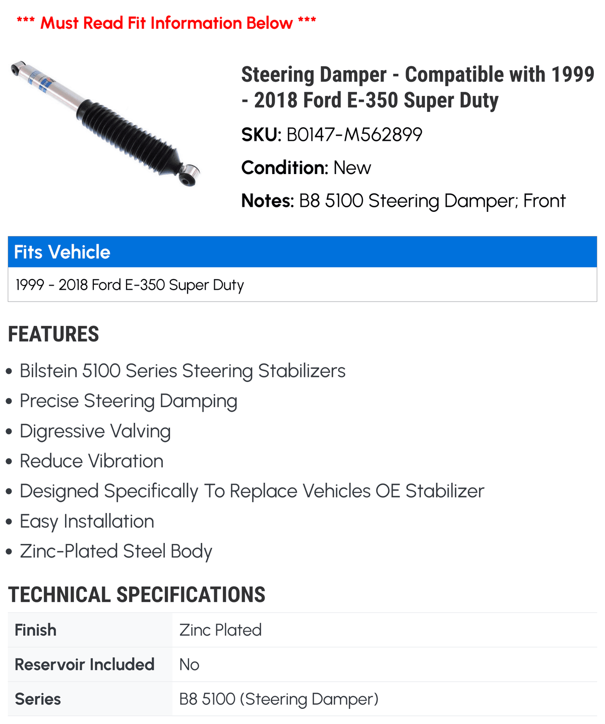 Steering Damper - matching with 1999 - 2018  E-350 Super Duty 2000 2001 2002 2003 2004 2005 2006 2007 2008 2009 2010 2011 2012 2013 2014 2015 2016 2017