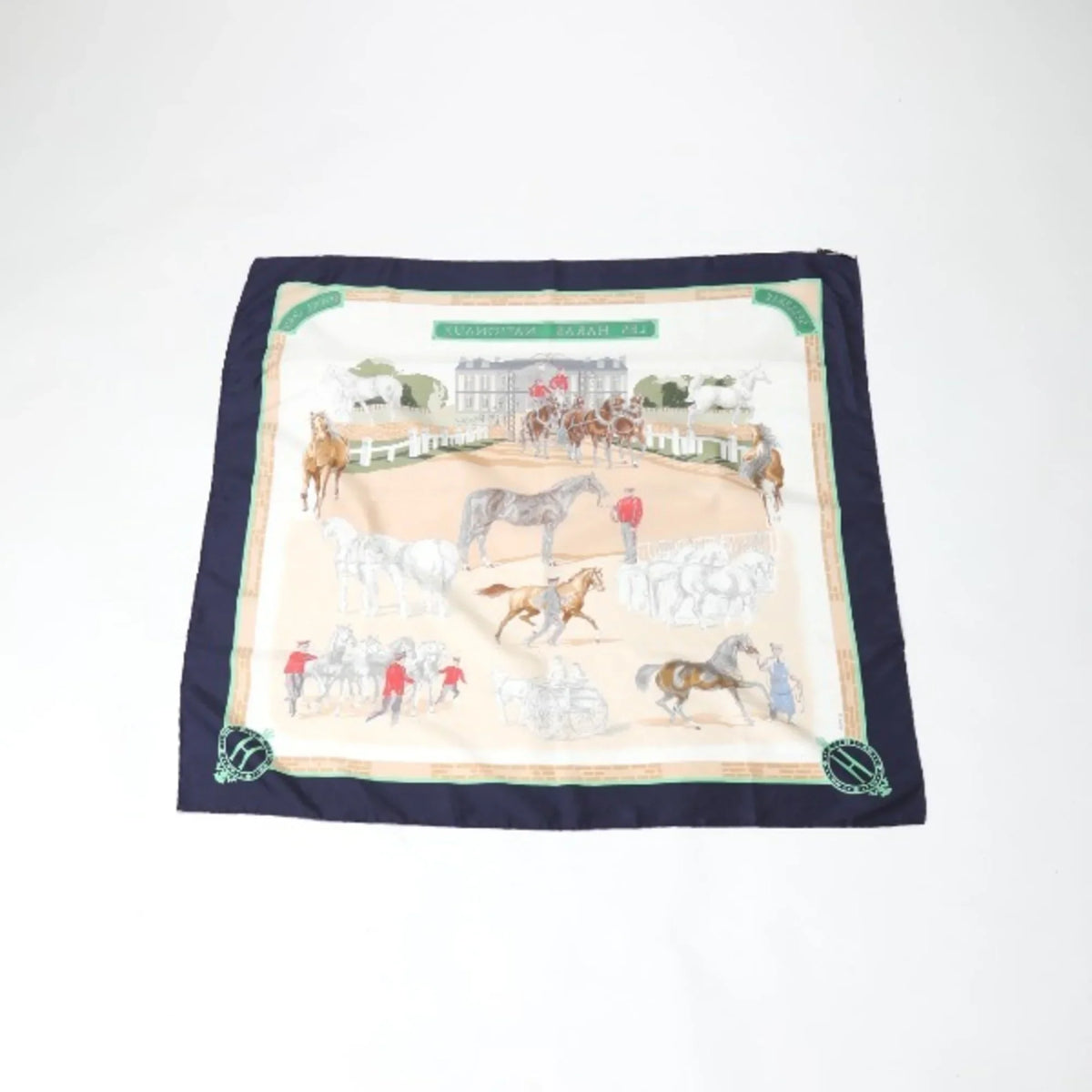 Pre-Owned HERMES LES HARAS NATIONAUX Kare90 Hermes Navy Scarf (Good)