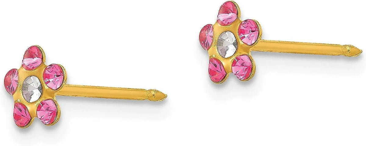 Solid Inverness 14k Yellow Gold Rose/Aurora Borealis Crystal Flower Earrings - 5mm